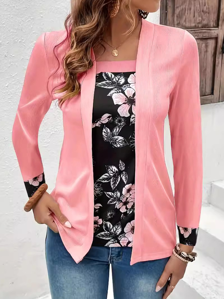 

Square Neck Long Sleeve Floral Regular Loose Mock Two-Piece Blouse For Women, Pink, Blouses