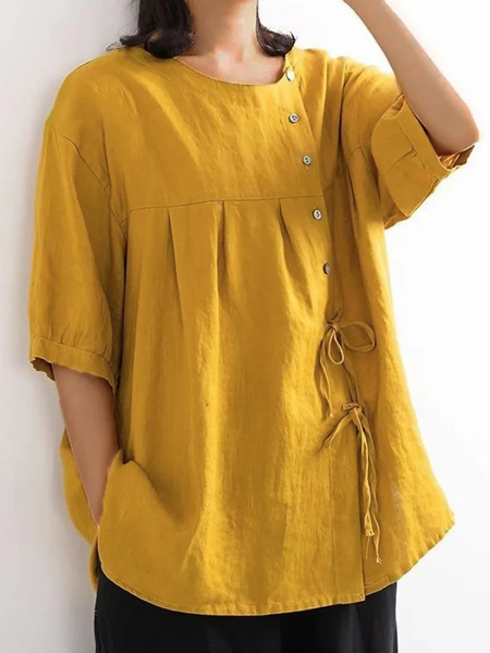 Plain Loose Casual Shirt, Yellow, Blouses & Shirts