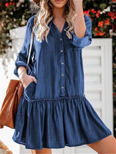 Regular Fit Casual V Neck Plain Dress With No, Blue, Midi Dresses