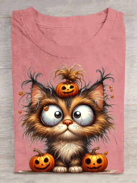 Halloween Cat Clipart with Pumpkin Hat and Big Eyes Cotton T-Shirt, Orange pink, T-shirts