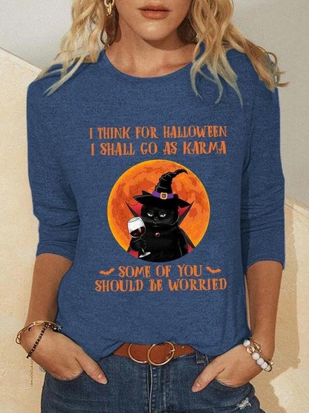 

Casual Halloween Crew Neck Long Sleeve T-shirt, Blue, T-shirts