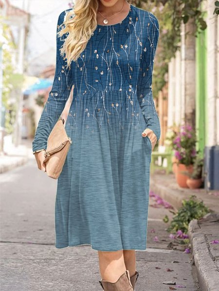 

Women Floral Crew Neck Long Sleeve Comfy Casual Midi Dress, Deep blue, Dresses