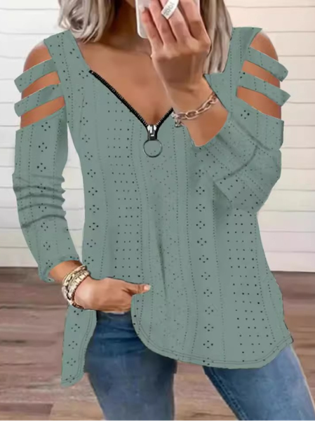 

V Neck Long Sleeve Floral Zipper Regular Loose Blouse For Women, Green, Blouses