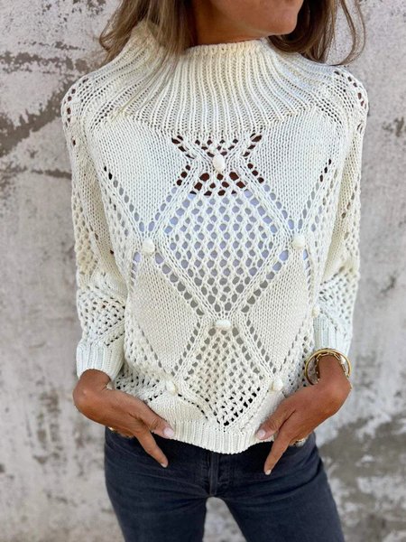 

Women's Hollow Out Spring/Fall Plain Casual Long Sleeve Crew Neck Yarn/Wool Yarn Sweater, Off white, Sweaters