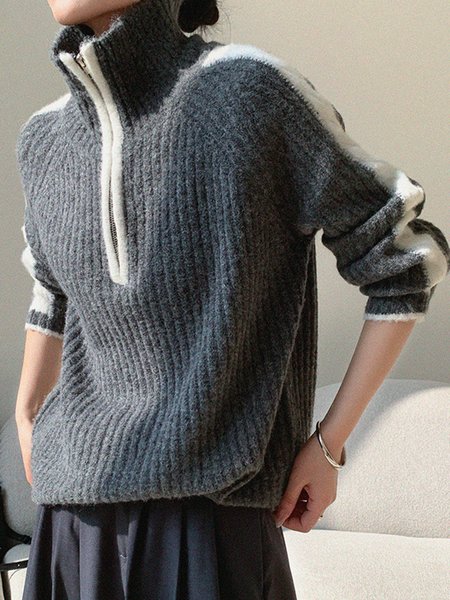

Daily Casual Zipper Color Block Long Sleeve Sweater, Gray, Pullovers