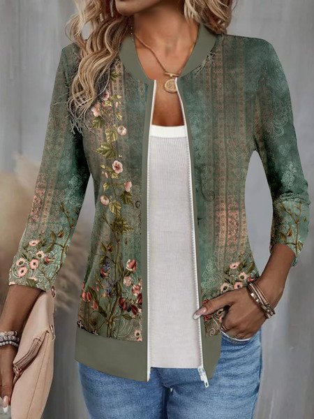 

Women's Floral Zipper Regular Loose Jacket, Green, Outerwear