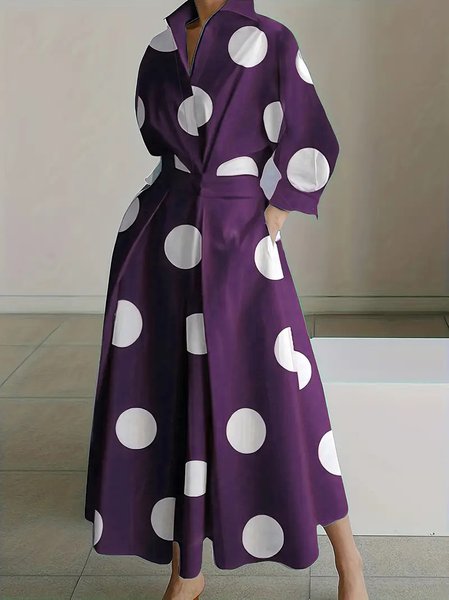 

Women Polka Dots Shirt Collar Long Sleeve Comfy Casual Maxi Dress, Purple, Dresses