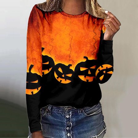 Casual Halloween Crew Neck Long Sleeve T-shirt, Orange red, T-shirts