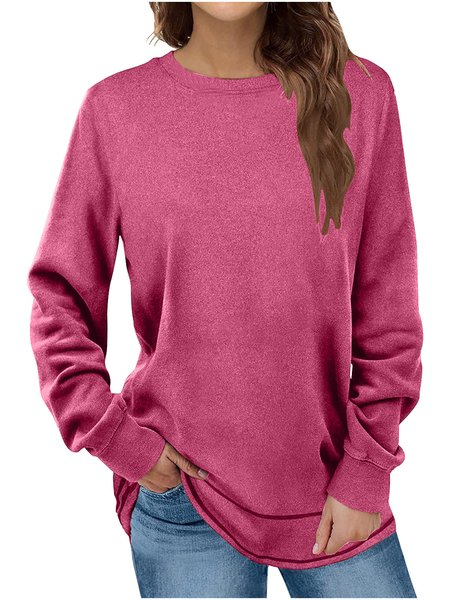 

Women's Long Sleeve Tee T-shirt Spring/Fall Plain Knitted Crew Neck Daily Going Out Casual Top, Rose red, T-Shirts