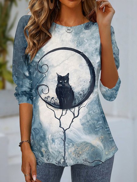 

Women's Long Sleeve T-shirt Spring/Fall Black Cat Jersey Crew Neck Daily Going Out Casual Top, Long sleeves