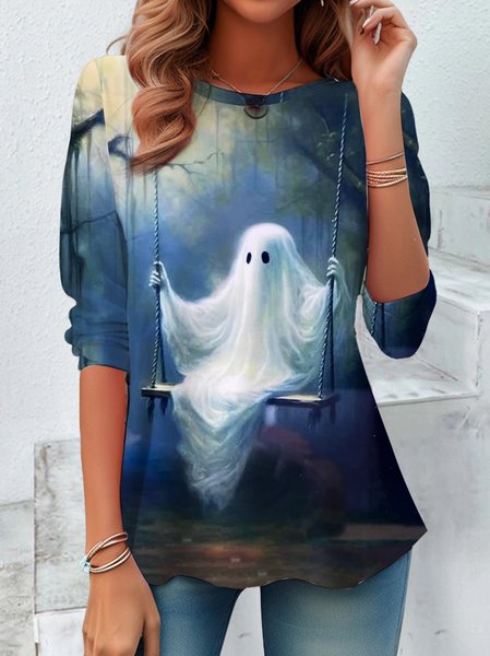 

Women's Long Sleeve Tee T-shirt Spring/Fall Halloween Printing Jersey Crew Neck Daily Going Out Vintage Top, Blue, T-Shirts