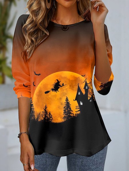 

Women's Long Sleeve Tee T-shirt Spring/Fall Halloween Jersey Crew Neck Daily Going Out Casual Top, Orange red, Tops