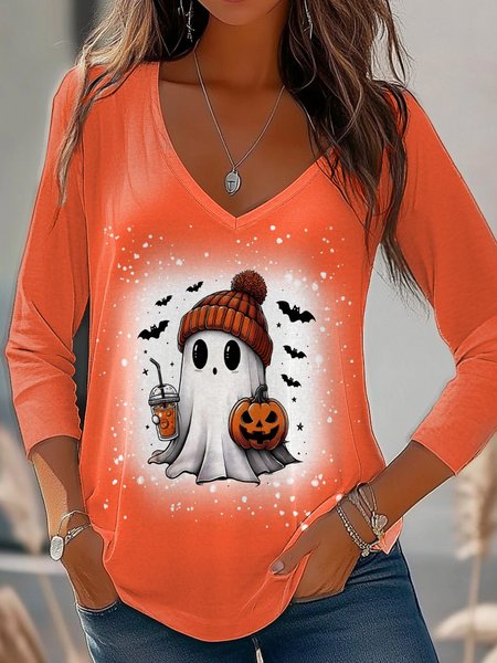 

Women's Long Sleeve Tee T-shirt Spring/Fall Halloween Jersey V Neck Daily Going Out Casual Top, Orange, Tops