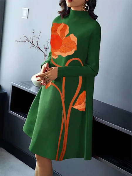 

Daily Floral Stand Collar Long Sleeve Dress, Green, Mini Dresses