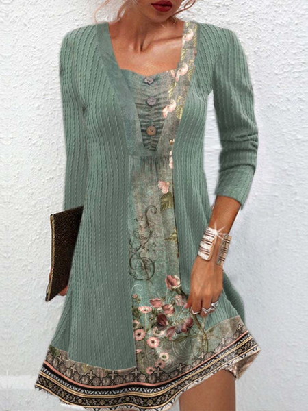 

Women Floral Crew Neck Long Sleeve Comfy Casual Mini Dress, Green, Dresses
