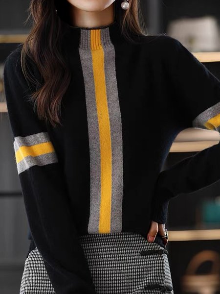 

Loose Regular Sleeve Mock Neck Casual Sweater, Black, Pullovers