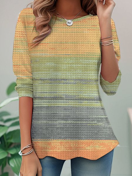 

Casual Striped Crew Neck Long Sleeve T-shirt, Yellow, T-shirts