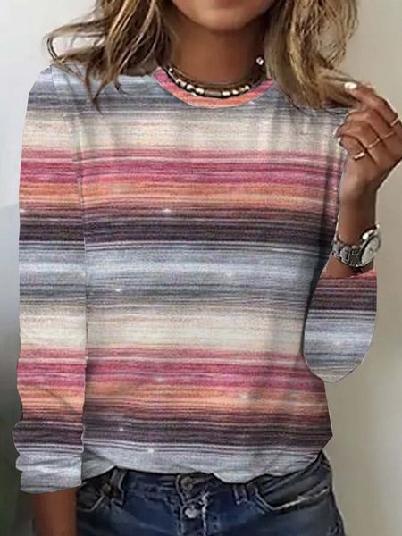 Casual Striped Crew Neck T-Shirt, Pink, Long sleeves