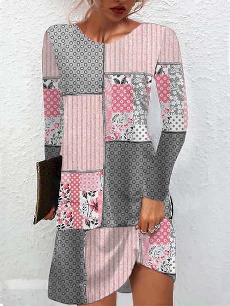 

Women Geometric Crew Neck Long Sleeve Comfy Casual Mini Dress, Pink, Dresses