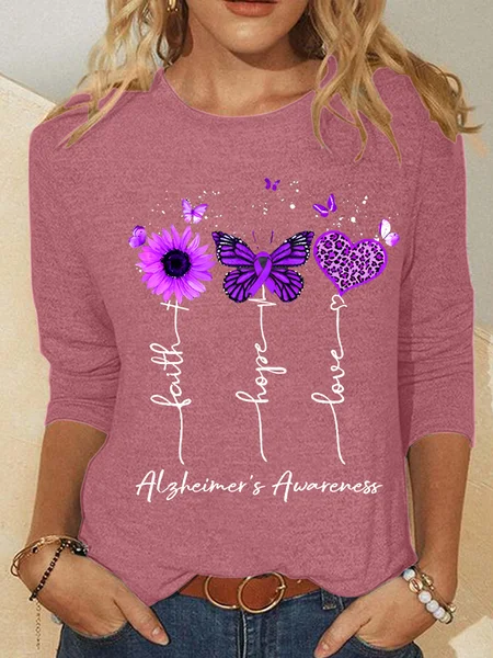 

Women's Faith Hope Love Alzheimer's Awareness Print Casual Long Sleeve Shirt, Watermelon, Long sleeves