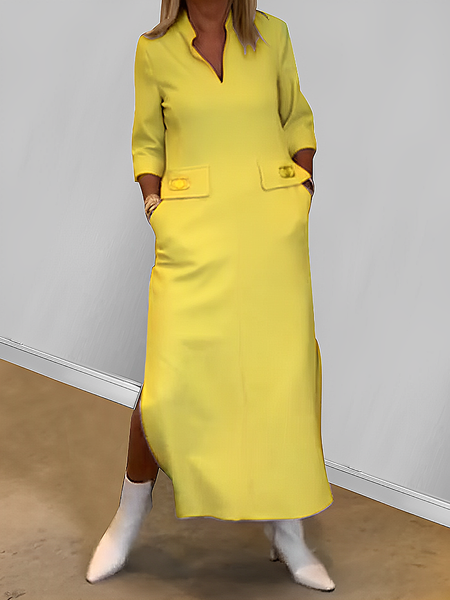 

Plain Urban Loose Stand Collar Half Sleeve Maxi Dress, Yellow, Maxi Dresses