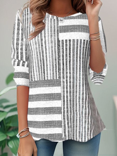 Casual Striped Crew Neck Long Sleeve T-shirt, Gray, T-shirts