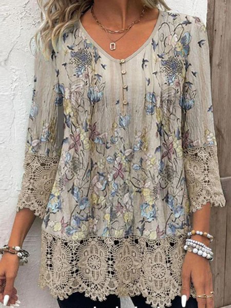 

V Neck Three Quarter Sleeve Floral Lace Regular Loose Blouse For Women, Khaki, Blouses