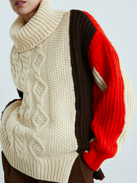 

Casual Raglan Sleeves Color Block Split Joint Sweater, Red, Pullovers