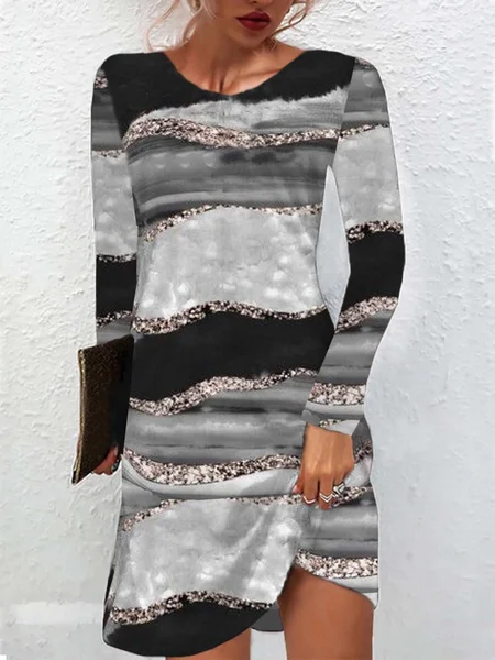 

Women Abstract Crew Neck Long Sleeve Comfy Casual Mini Dress, Black, Dresses