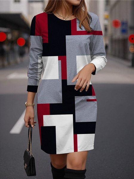 

Women Geometric Crew Neck Long Sleeve Comfy Casual Mini Dress, Gray, Dresses