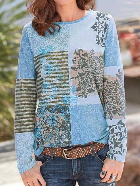 

Casual Floral Crew Neck Long Sleeve T-shirt, Blue, T-shirts