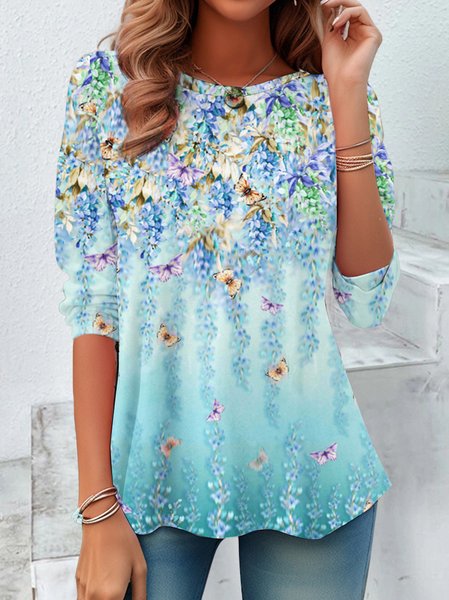 

Women's Long Sleeve Tee T-shirt Spring/Fall Floral Printing Jersey Crew Neck Daily Going Out Vintage Top, Light blue, T-Shirts
