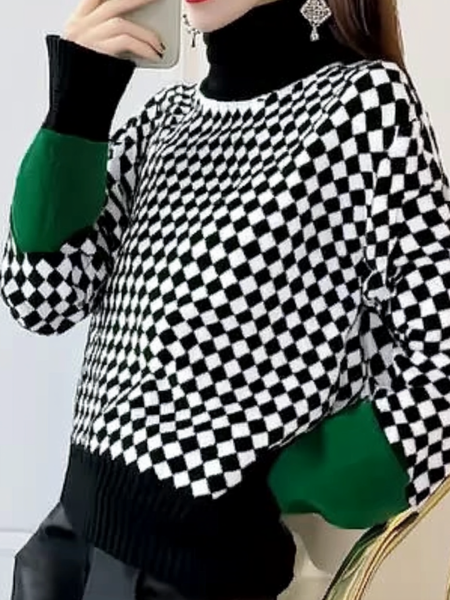 

Raglan Sleeves Color Block Casual Turtleneck Split Joint Sweater, Green, Pullovers