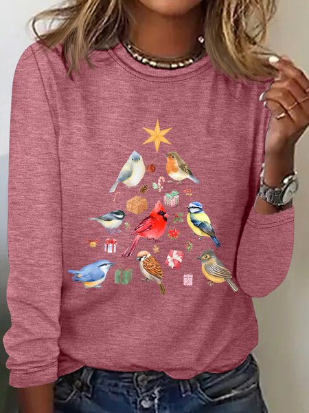 

Christmas Birds Bird Lover Cardinal Casual Long Sleeve Shirt, Watermelon, Long sleeves