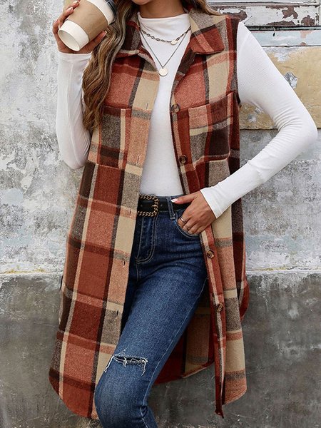 

Women's Plaid Buckle Regular Loose Vest, Light coffee, Vest