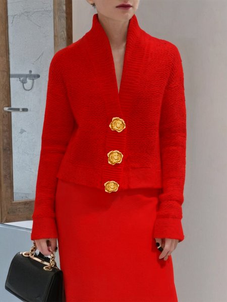 

Regular Fit Stand Collar Elegant Long Sleeve Cardigan, Red, Cardigans