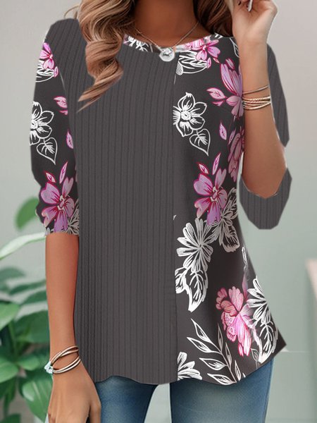 

Casual Floral Crew Neck Long Sleeve T-shirt, Coffee, T-shirts