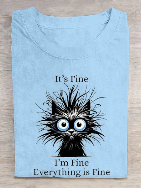 

Loose Cat Casual Crew Neck T-Shirt, Light blue, T-shirts