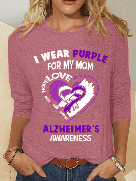 

Women's Alzheimer's Awareness I Wear Purple For My Mom - Heart Ribbon Casual Long Sleeve Shirt, Watermelon, Long sleeves