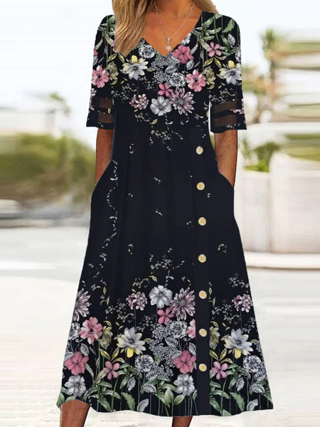 

Women Floral V Neck Short Sleeve Comfy Casual Buckle Midi Dress, Black, Dresses