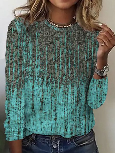 

Casual Ethnic Crew Neck Long Sleeve T-shirt, Green, T-shirts