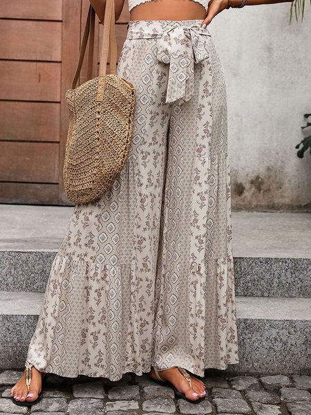 

Casual Floral Long Lace-up Loose Pants, Apricot, Pants