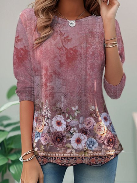 

Casual Floral Crew Neck Long Sleeve T-shirt, Pink, T-shirts