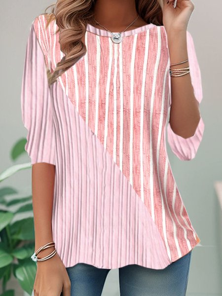 

Casual Striped Crew Neck Long Sleeve T-shirt, Pink, T-shirts