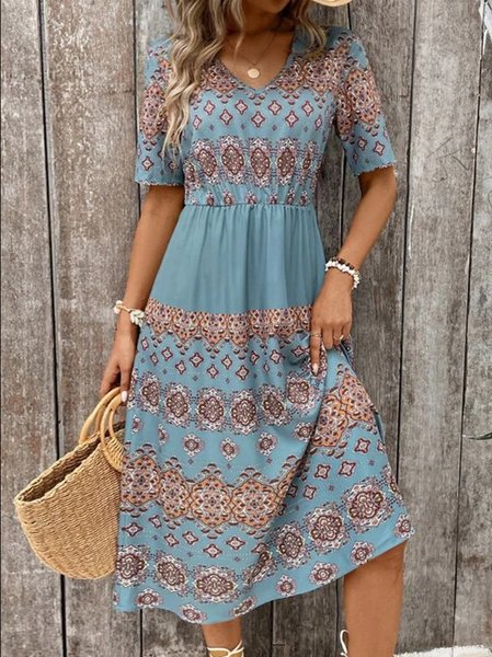 

Women's Short Sleeve Summer Ethnic Knitted Dress Crew Neck Daily Going Out Ethnic Midi H-Line, Blue, Dresses