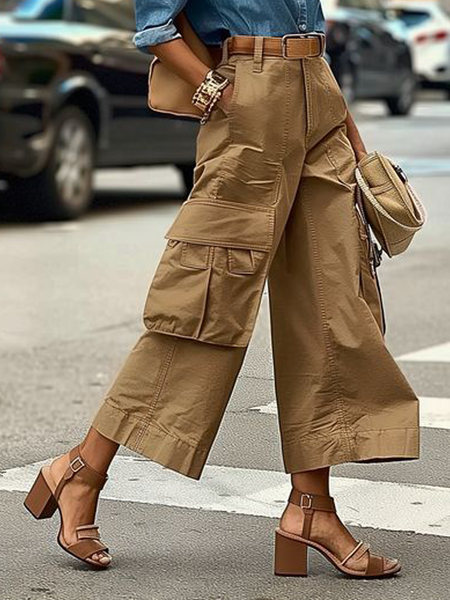 

Loose Plain Pocket Stitching Casual Cargo Pants, Khaki, Pants