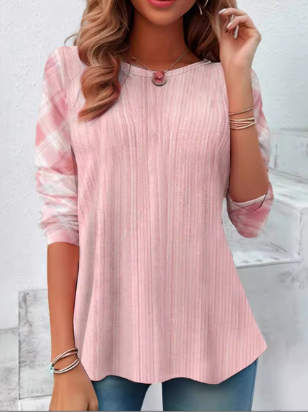 

Casual Plaid Crew Neck Long Sleeve T-shirt, Pink, T-shirts