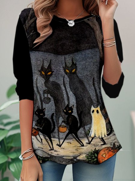 

Casual Halloween Crew Neck Long Sleeve T-shirt, Black, T-shirts