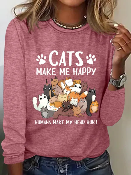 

Cats Make Me Happy Humans Make My Head Hurt Casual Long Sleeve Shirtw, Watermelon, Long sleeves