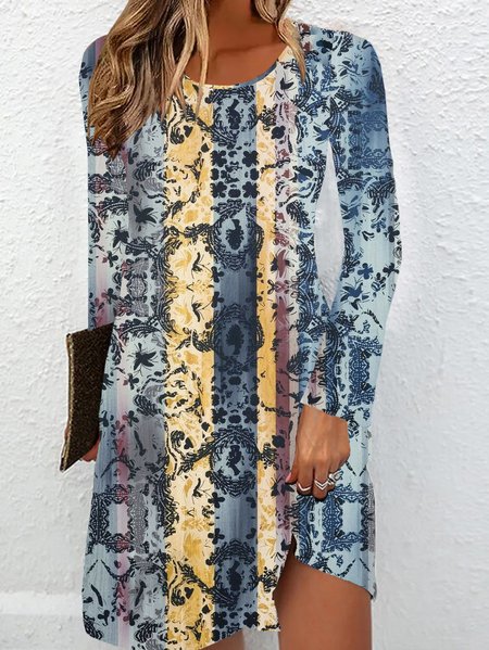 

Women Ethnic Crew Neck Long Sleeve Comfy Casual Mini Dress, Blue, Dresses